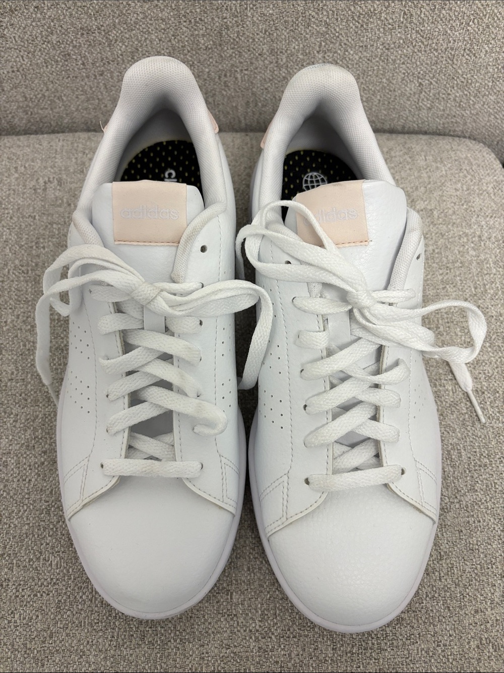 Adidas White Leather Sneakers with Pale Pink and Back and Tongue Accent